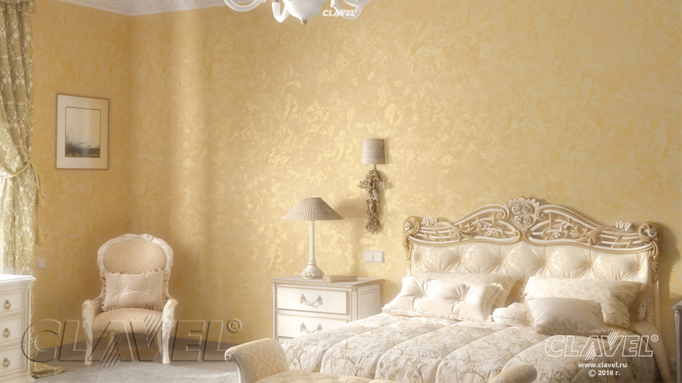 Декоративная штукатурка Strutura в спальне оттенка золотой перламутр